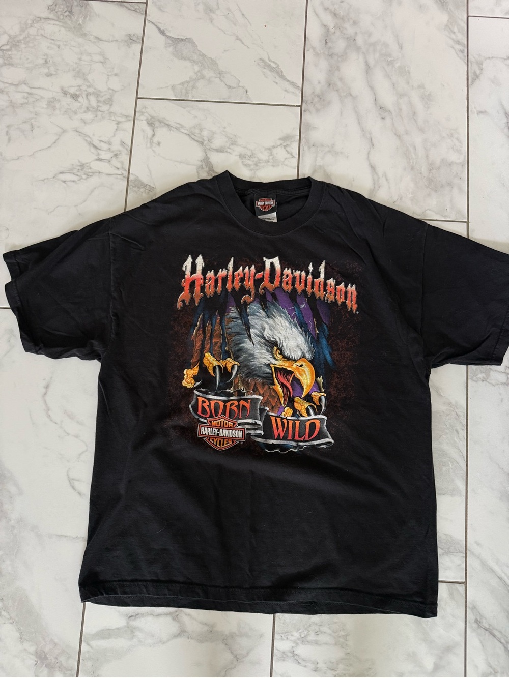 Harley-Davidson Black 'Born Wild' Eagle Graphic Tee with Multicolor Print
